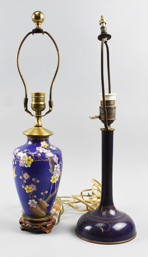Lot Of Two Vintage Cloisonné Lamps: Lot of Two Cloisonne Lamps. The Candlestick one Has what appears to be initials or a monogram on it. It measures 13 inches to the top socket without harp. This has that appears to be initials or a mon