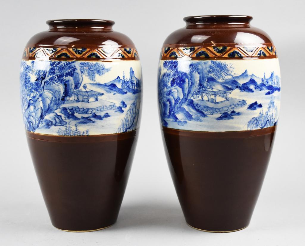PAIR Porcelain Brown/Blue Urn Vases: Close inspection will show that these vases are not actually an exact matching pair. One is a little bit lighter weight and just a tad shorter than the other. Both have nearly identical scenes on