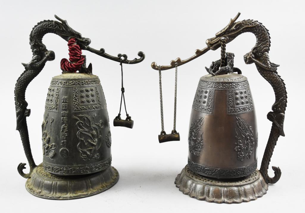 Pair Korean Bronze Divine Bells: These stunning bells are Korean bronze and are known as Divine Bells of SeongDeok. Each features dragon handled stand. They are slightly different in detail and one has a more brown luster. Both m