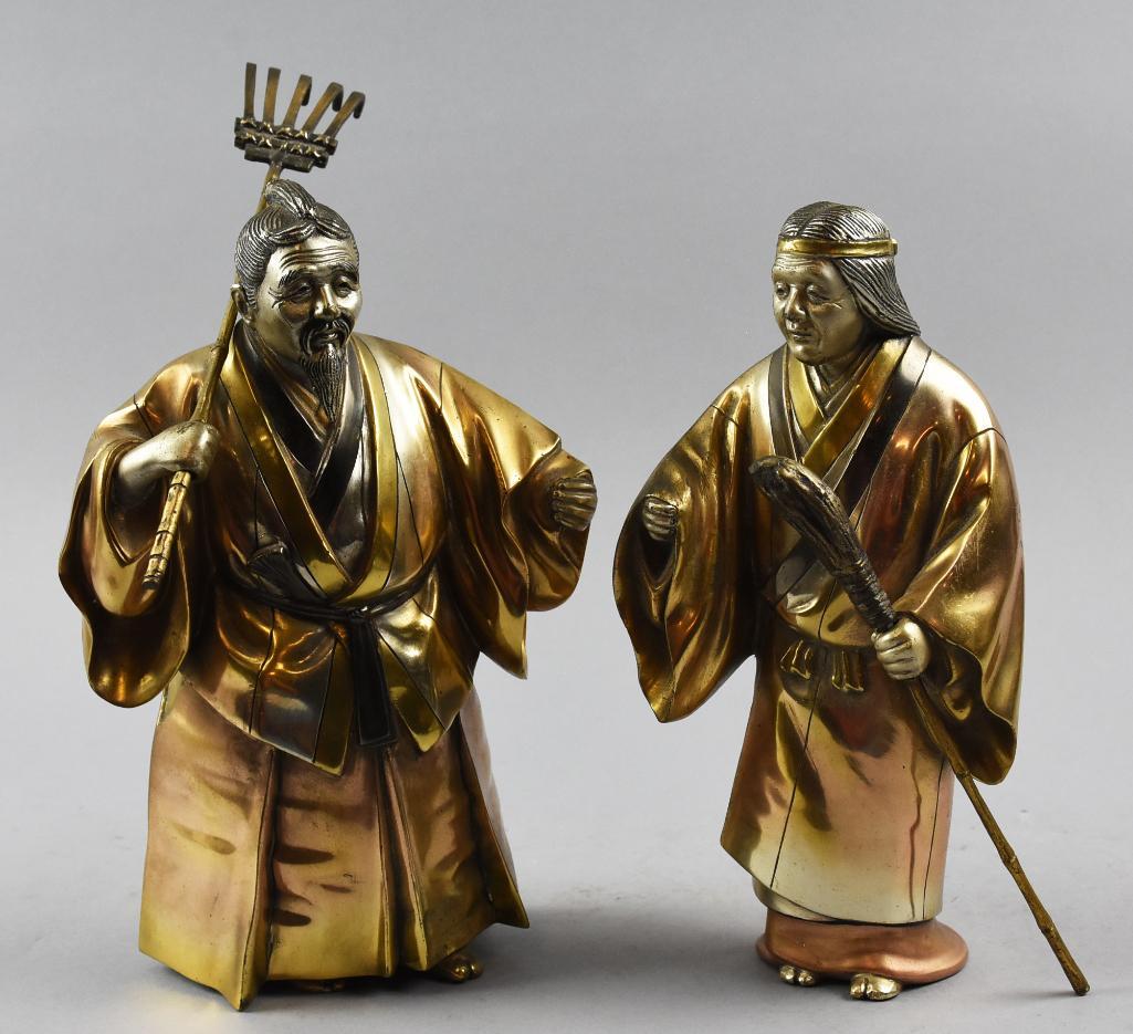 Vintage Signed Sakaeyama, Jo and Uba Mixed Metal: These are depictions of Jo and Uba who are a famous couple from Sakaeyama. Each has removable tools, he with rake, her with broom. He is signed on the back of his cloak. Standing approx.Both mea