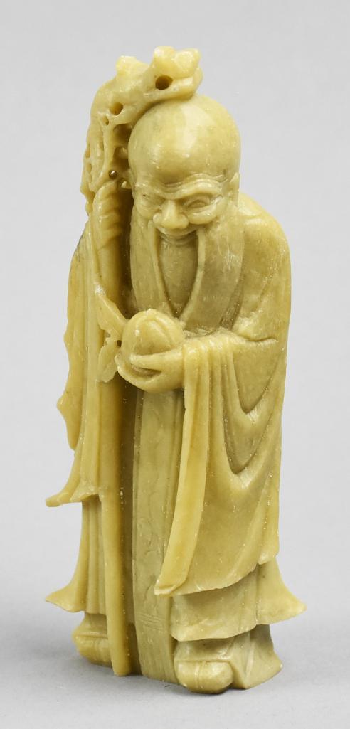 Antique Japanese Signed Soapstone Fukurokuju: This sweet Japanese God of Fukurokuju is carved in soapstone. The markings on the bottom appear to be the artist signature. Measures 5in tall.