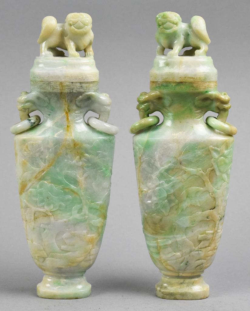 Pair Fine Carved Chinese Jadeite Urns Vases Lidded (1 of 20)