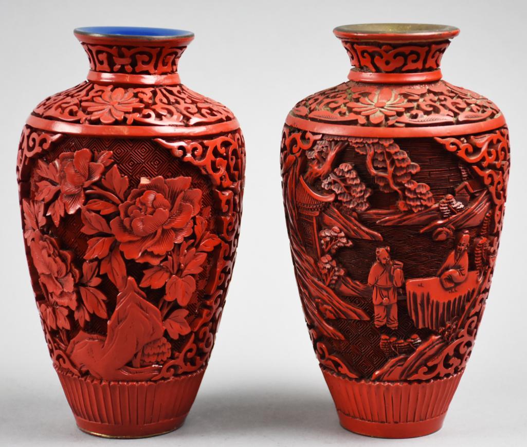 PAIR Chinese Cinnabar Vases (1 of 11)