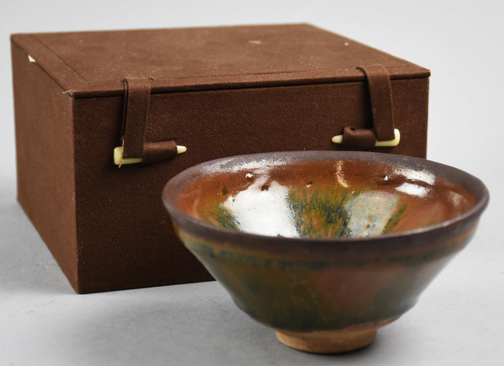 Chinese Song Style Bowl In Box: Artist made Chinese Song Style bowl in Box. Unsigned. Comes in a nice presentation box. Footed bowl measured 2.5 inches. 5 inches at opening. Base measures about an inch.