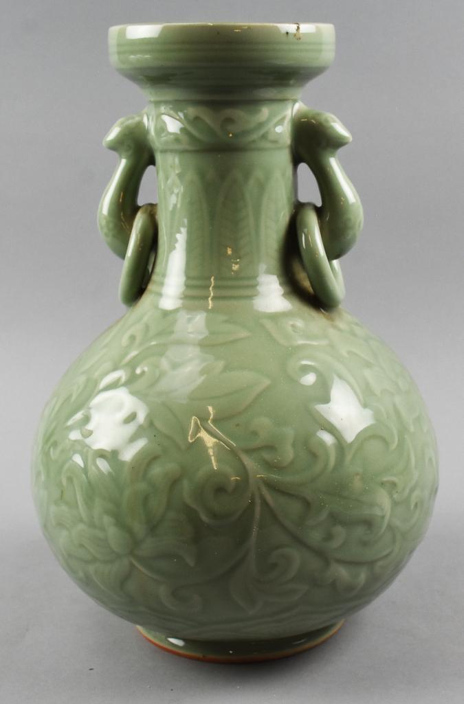Chinese Celadon Vase, Molded, Ring Handles (1 of 8)