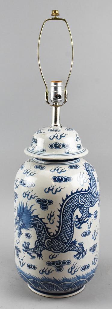VTG Chinese Porcelain Blue & White Dragon Lamp (1 of 9)