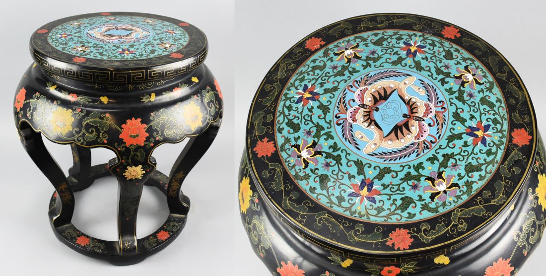 Chinese Cloisonne & Black Lacquer Table/Stool (1 of 10)