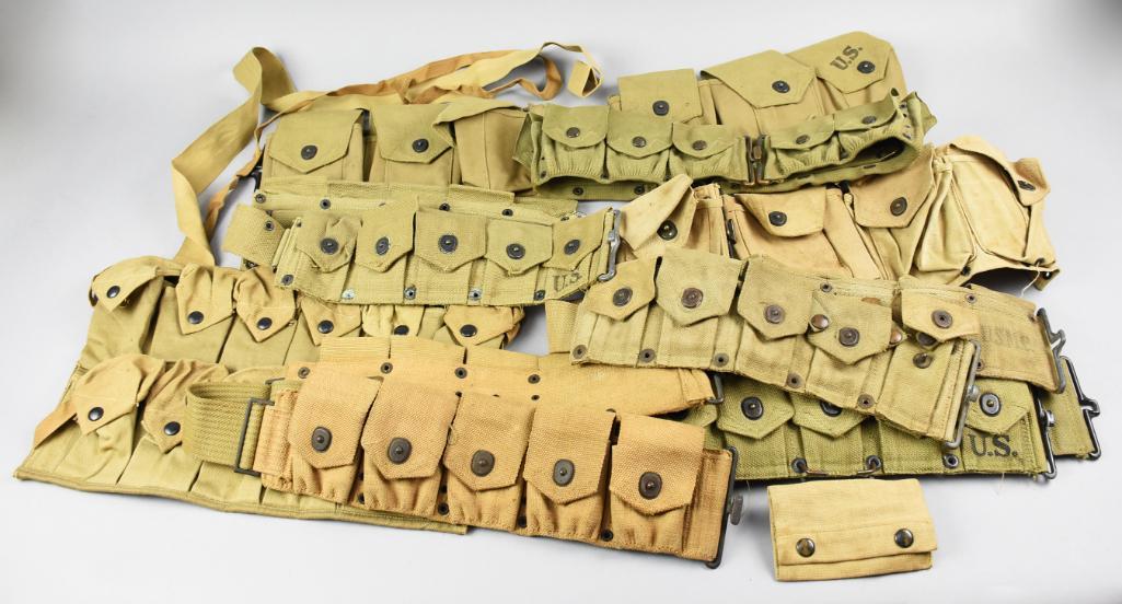 WW2 Lot of 7 Gun Pistol Belts & MK1 Chest Rig: Great lot of 7 pistol gun belts and 1 MK1 chest rig. Assorted group of used M1910 Browning Colt and M1923 belts. 1 MK1 chest rig marked Geo P. Ide on back.