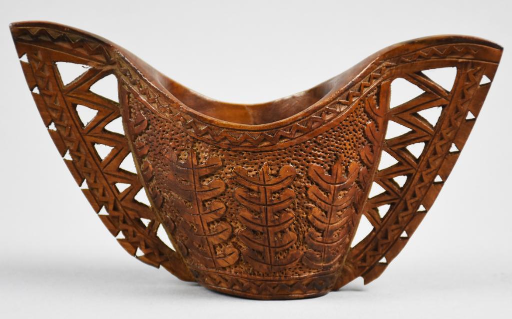 Scandinavian Treen Carved Drinking Cup: Beautifully carved, this double handled cup is Scandinavian. Unsure of age, but appears antique. No markings and measures approx 3 1/2" tall, 6 5/8" wide, 2 1/4" deep.