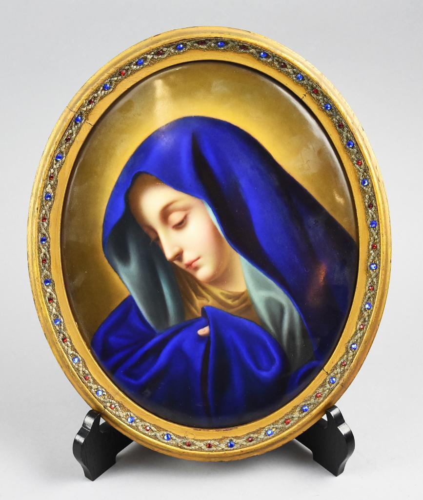 19th C Henry Brucker KPM Painted Porcelain "Mary": Beautiful find by our collector is this KPM plaque done in the manner of Carlo Dolci by Henry Bucker, Dresden artist who was an honorable mention in The London Exhibition in 1862. This oval porcelai