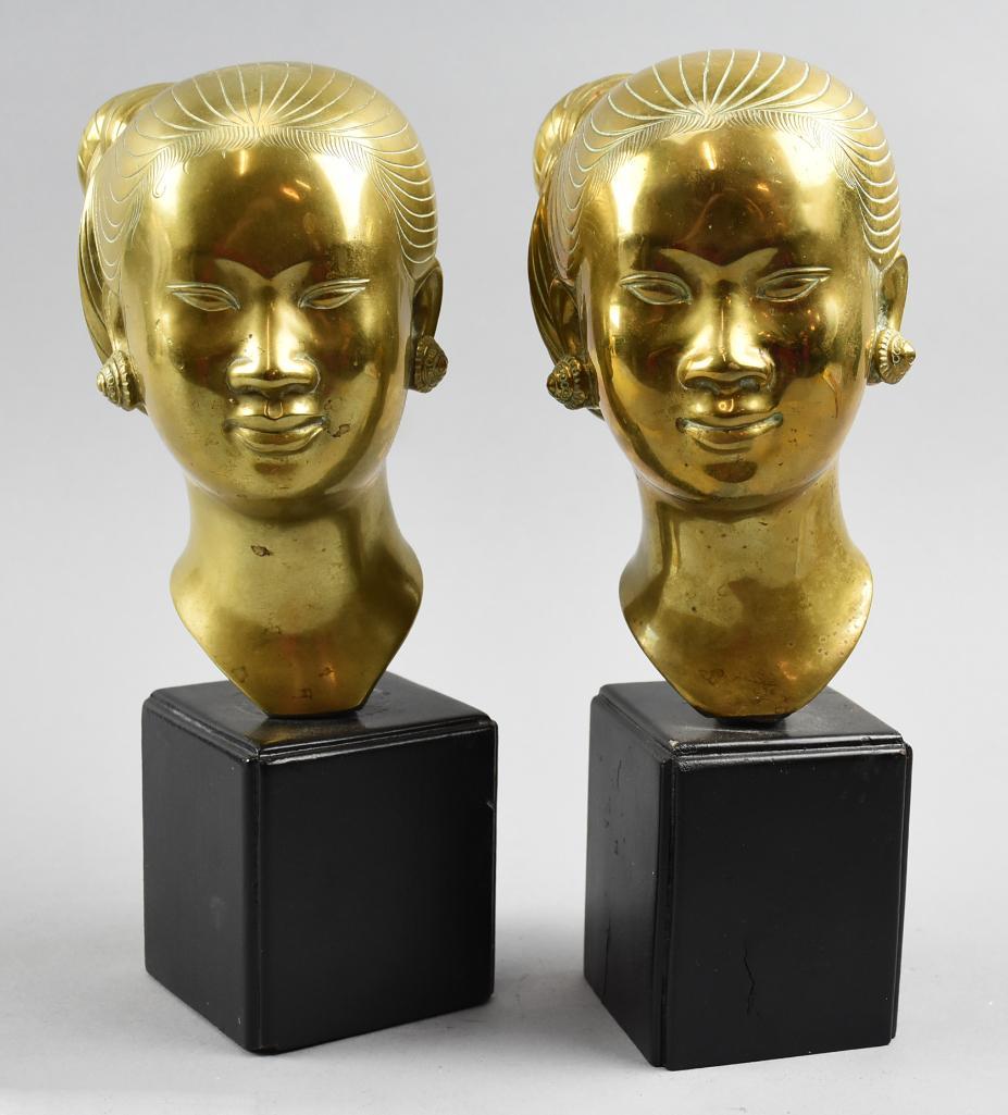 Vintage Vietnamese Polished Brass Busts: These beautiful busts are Vietnamese in origin. They look nearly identical with minor variations, but appear to have been created at different times. One is marked Made in V.N., the other has what app