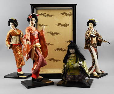 Vintage Japanese Doll Lot, Display Case: This lot is for four Japanese Geisha dolls, three tall slender with one playing a shamisen. Each is identified by a paper label on the base. The small one has a childlike appearance. Included