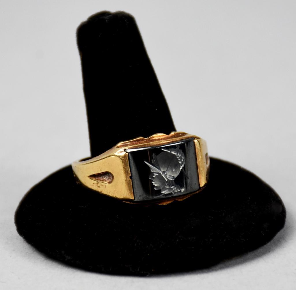 Antique Mens 10K, Hematite Carved Ring (1 of 4)