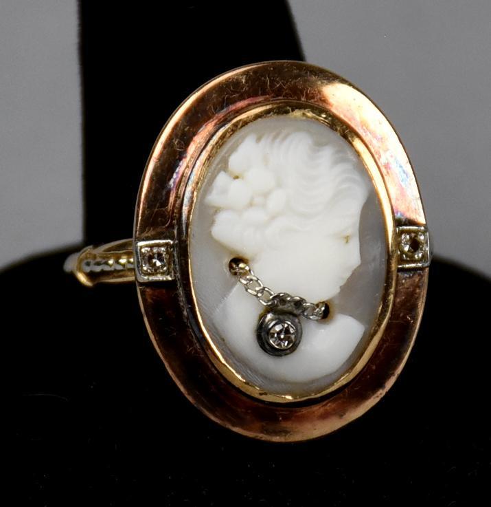 Victorian 14K Gold Cameo Ring w/ Diamond (1 of 5)
