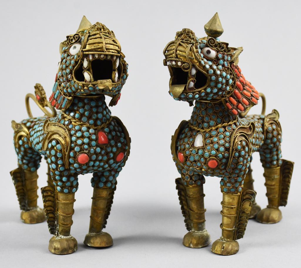 Pair Antique Tibetan Brass Turquoise Foo Dogs (1 of 8)