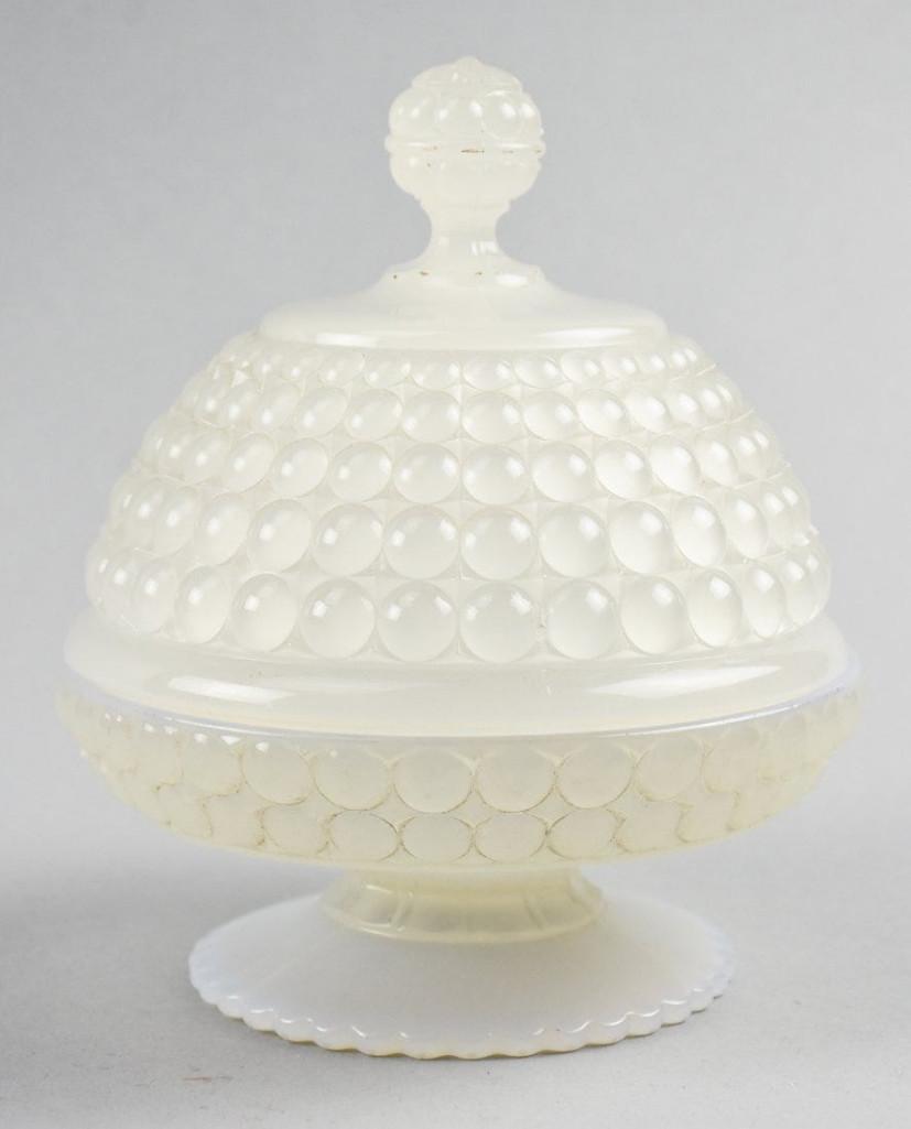 Richards & Hartley, EAPG Thousand Eye Opalescent: Description I would guess this is called "opalescent" however, I only saw one example in this solid satin or frosted color but it does have the opalescent tint around the rim and scalloped foot. This