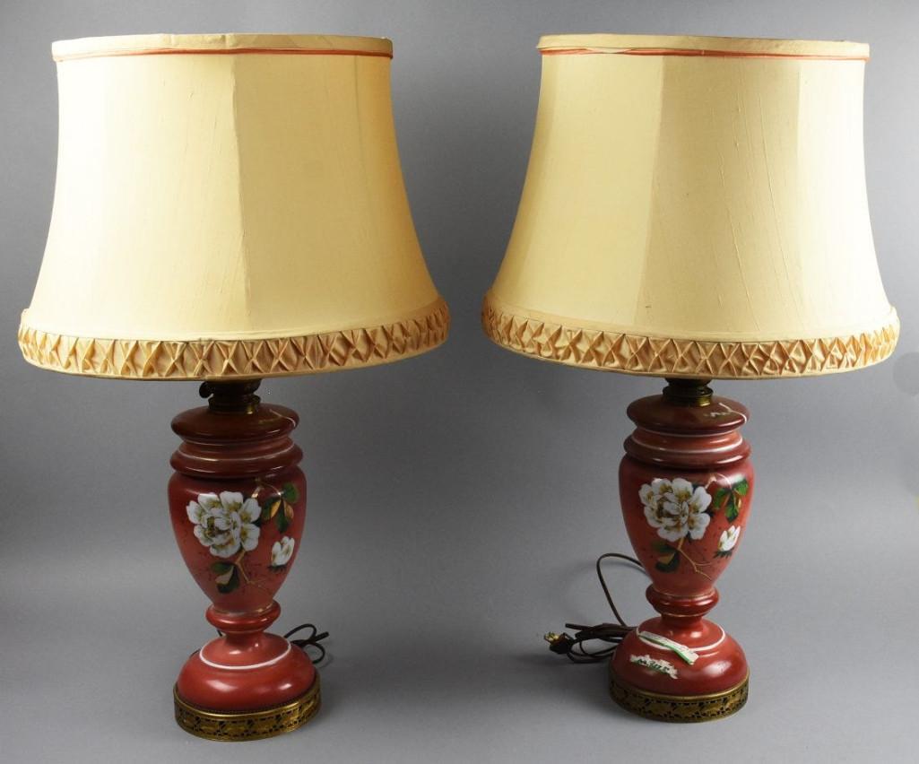 Pair Antique Bristol Glass, Hand Painted Lamps: Description This pair of antique Victorian lamps are Bristol glass and have been beautifully hand painted with wite flowers and green and gold leaves and gold stems. They have been converted from kero