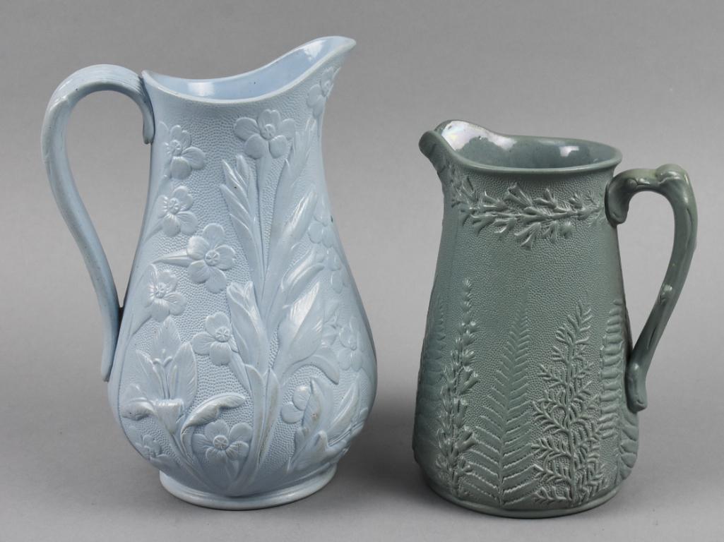 (2) 19th C English Salt Glaze Molded Pitchers (1 of 7)