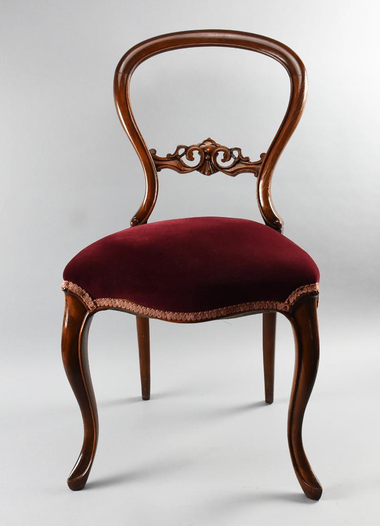 Victorian Balloon Back Accent Chair: This wonderful Victorian chair is balloon back style with nice carvings in the back splat. The seat has a rich wine upholstery that appears to have been replaced. Measures approx 34" x 18 1/2" x 16 1/