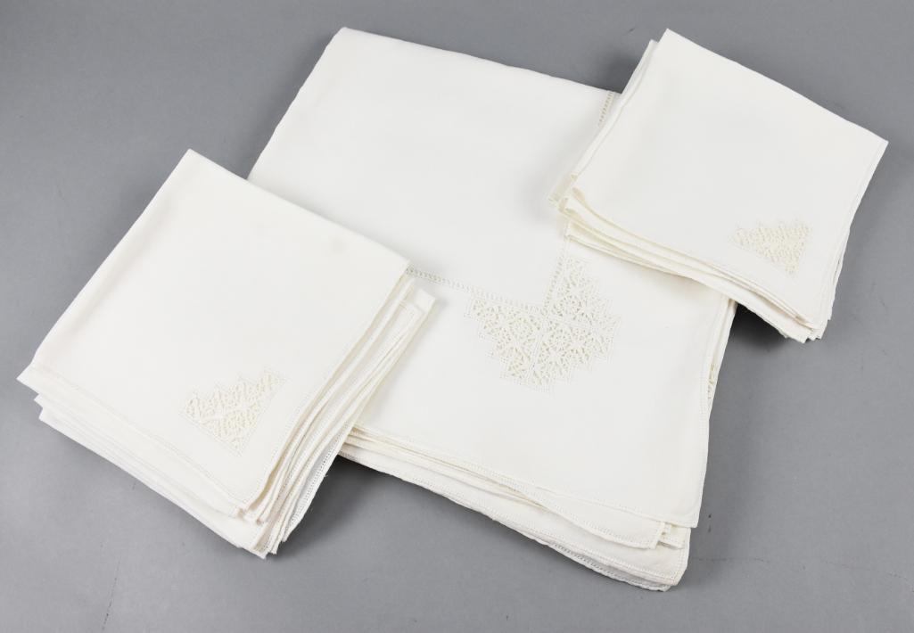 Antique Banquet Drawnwork Linen Tablecloth, Napkins (1 of 7)