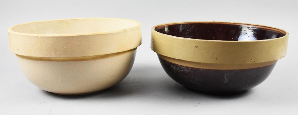 Earthenware Planters Mixing Bowls: This is a nice pair of low earthenware planters or mixing bowls Both are unsigned and appear to be from the same maker. Each are very similar in size measuring approx 5 1/4" x 11 1/2".
