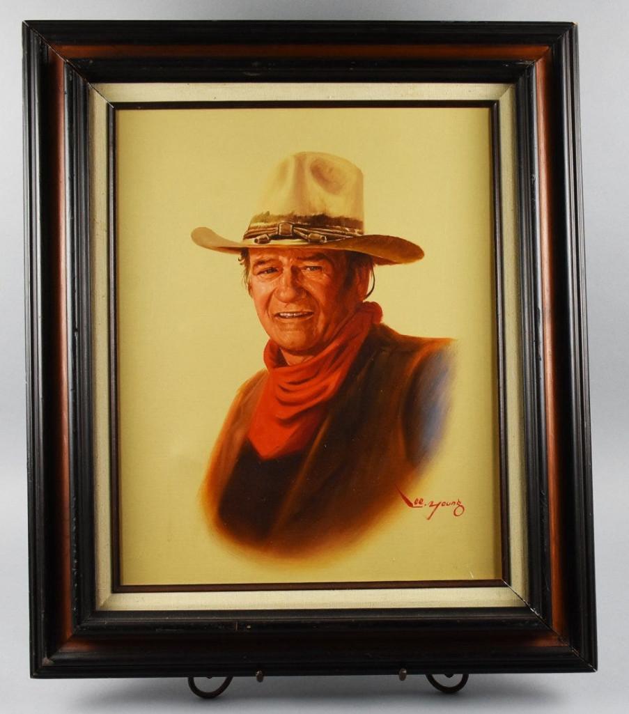 Oil Painting Of John Wayne Artist Signed Lee Young: Oil Painting on canvas Of John Wayne, artist Signed Lee Young. Very Good Condition. Painting 16 x 20 inches. With frame 27 x 23 inches.