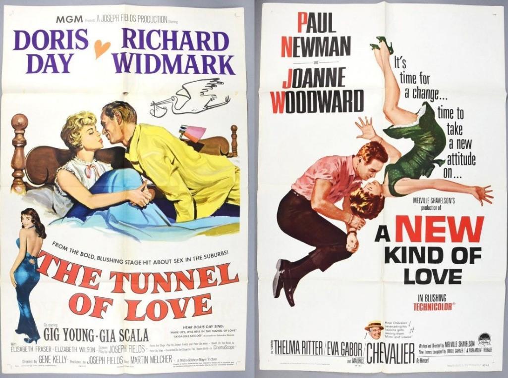 Tunnel of Love Doris Day/New Kind Of Love Movie Posters: These two movie posters are from Tunnel of Love starring Doris Day and Richard Widmark from 1958. The poster will display well, but there are small tears in the folds and light toning. The 1963 movie 