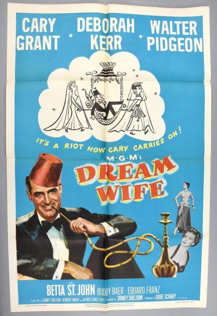 1953 Dream Wife, Cary Grant, Deborah Kerr, One Sheet: Very nice well kept one sheet for the movie Dream Wife starring Cary Grant and Deborah Kerr. It does not appear to have been used, clean on graphic side, some wear on the outside crease.