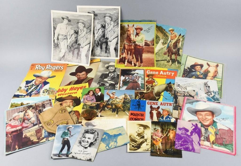 Lot Roy Rogers Dale Evans Memorabilia: Great lot of vintage Roy Rogers, Dale Evans and Trigger memorabilia. Lot consists of mainly photos on card stock with pre-printed signatures. Included is a fun paper pistol holster from Parris Dunn in