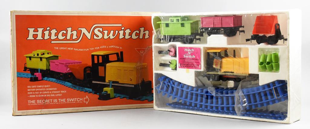 1967 AMF Hitch N Switch Toy Train Set, Unused in Box: This is a nice train set by AMF called Hitch N Switch. The box is dated 1967 for children ages 3 though 9. As shown, this train set was never used with factory cellophane still there, but not complete