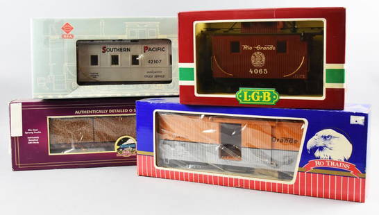 (4) Misc G Scale Train Cars, MTH, REA, RO, LBG: These are cool and fun variety of train cars and caboose. Lehmann LGB, no 4065; 1932 RO Trains, D&RGW; Railway Express Agency (REA) 12107; MTH 20-98212.