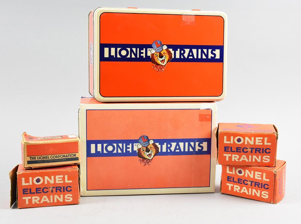 Vintage to Contemporary Lionel Tin, Bumpers: Nice lot of tin reproduction Schylling Lionel 100th Anniversary hand cars in original tin boxes. Included are three bumpers in original vintage boxes and one box of post war 3656-34 livestock for use 