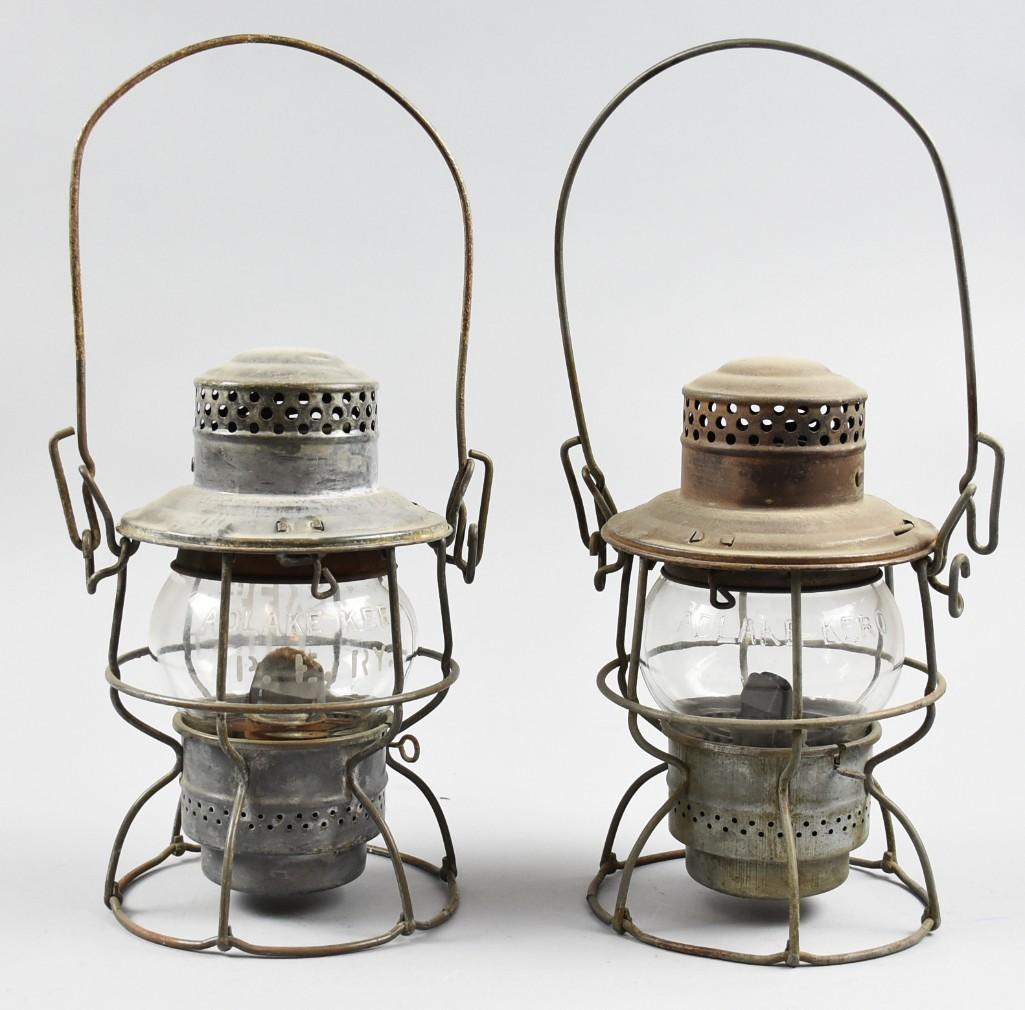 c1935 S.P. Co and P.E. RY Adlake Lanterns: Two great lanterns from Adlake (Adams & Westlake) with clear embossed globes, also Adlake. One lantern is for Southern Pacific, the other for Pacific Electric Railway which also has PE RY acid etched