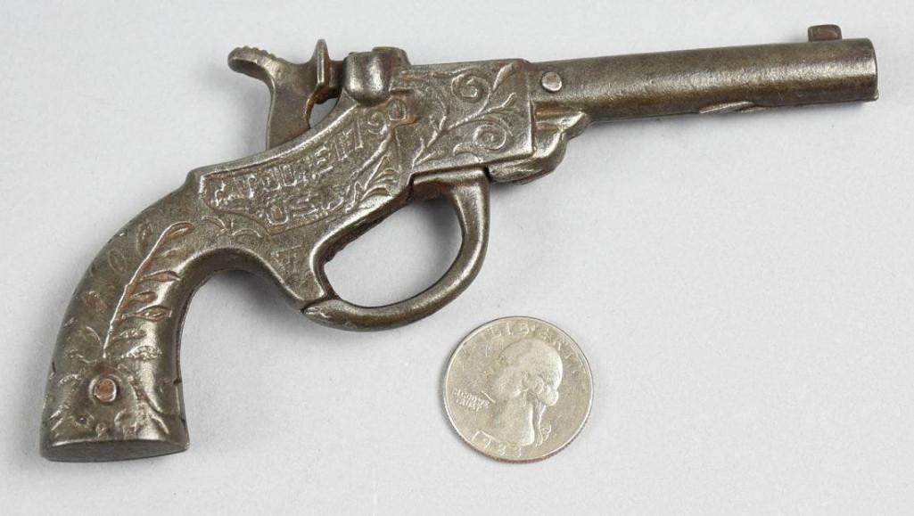 c1895 J&E Stevens Dixie Cap Gun: Great toy gun by J&E Stevens. This Dixie model is in great working order with a hidden trigger until the hammer is cocked then it appears and is ready to use. Marked in bold letters