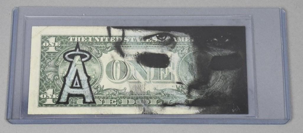 $1 NSH Artwork Hobo Dollar Mike Trout Angels: This dollar bill, with original artwork by ASH(A), have an images of this well known baseball player, Mike Trout of the Angels, and all are original artwork and printed signature.