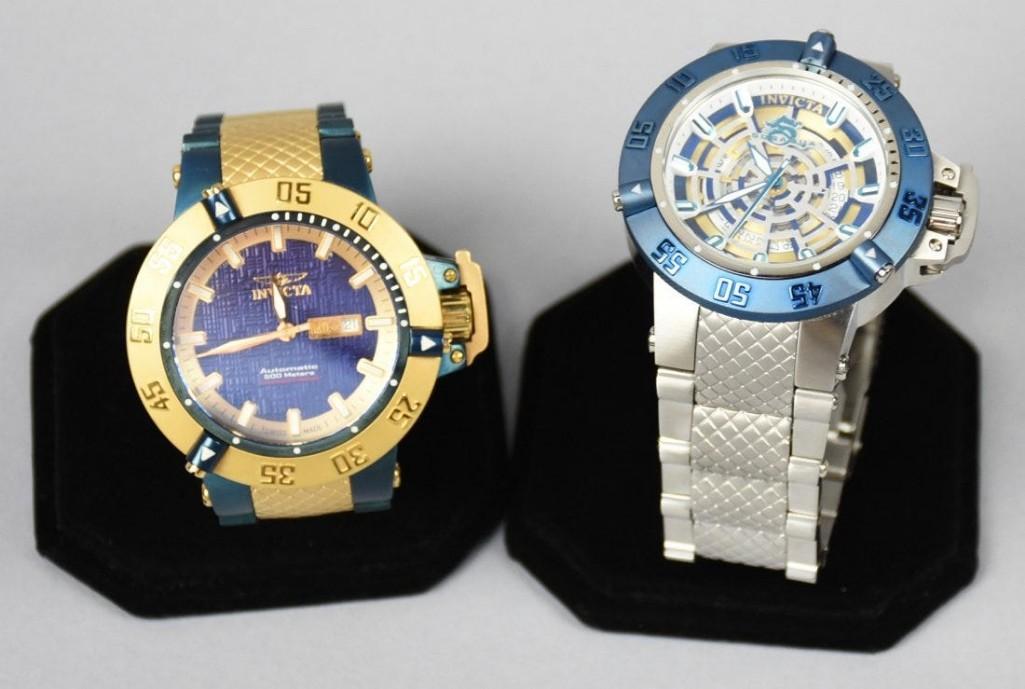 PAIR Invicta Subaqua, No. 5435/16046: Both appear unused, 5435, green and gold metal band, 16046 brushed silver tone band