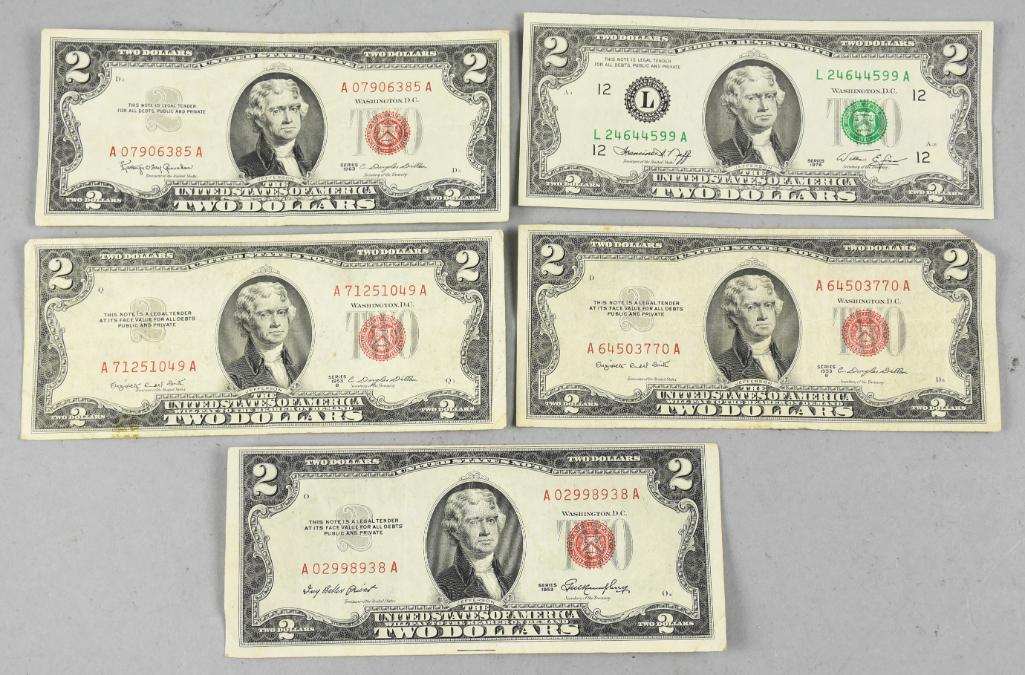 (4) 1928 Red Seal $2 Bills, (1) 1976 Green Seal $2 Bill (1 of 2)