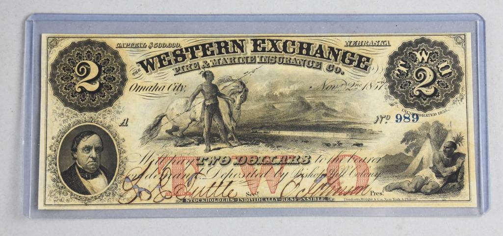 1857 Omaha, NE Western Exchange $2 Fire & Marine Ins. (1 of 3)