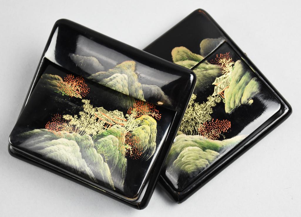 Pair Vintage Japan Scenic Black Lacquer Partition Boxes (1 of 8)