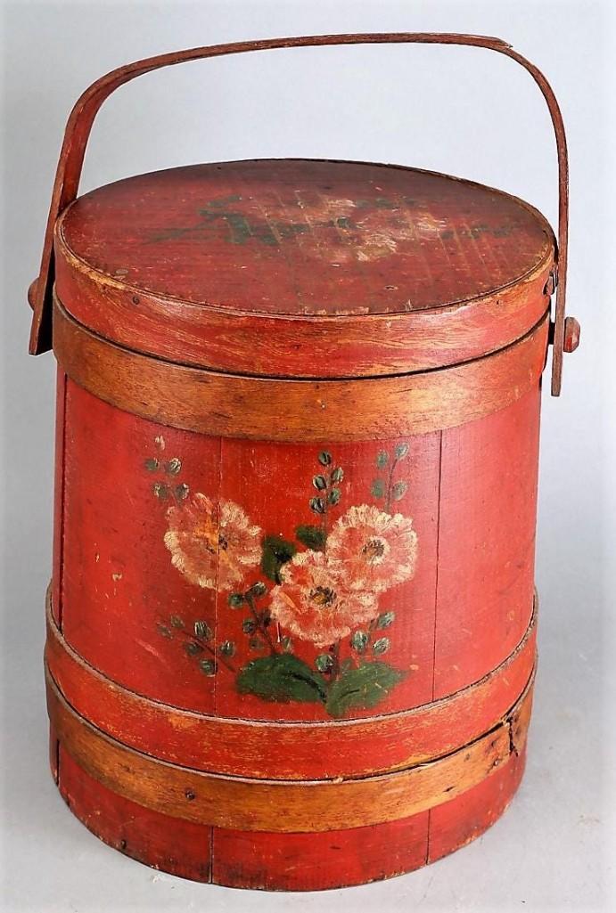 Antique Firkin Sugar Bucket, Red Painted/Floral (1 of 4)