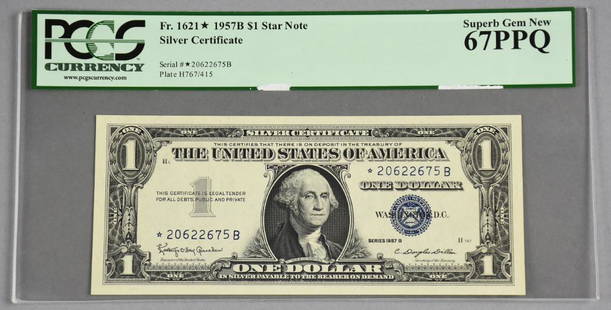 1957B $1 Star Note Silver Certificate, PCGS 67PPQ: 1957B $1 Star Note Silver Certificate graded, PCGS 67PPQ