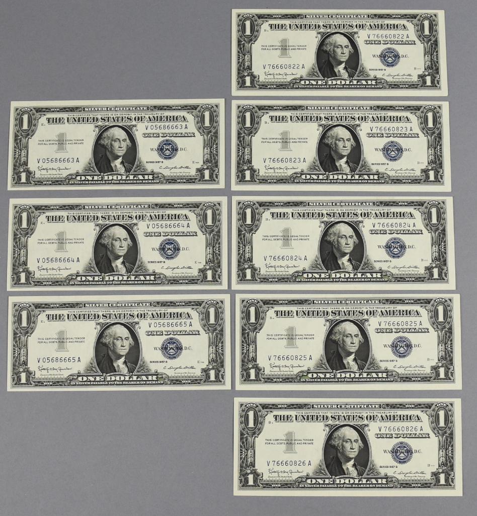 (8) 1957 B Sequential $1 Blue Seal Silver Certs (1 of 4)