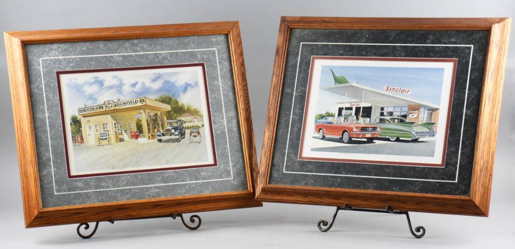 Jack Schmitt Artist Prints Richfield and Sinclair: These nice prints are by artist Jack Schmitt. One features a Sinclair service station with a Mustang and Cadillac and is called "Changing Times". One features a Richfield service station and i