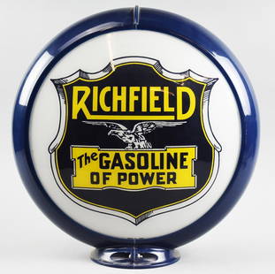 1992 Richfield Gasoline of Power Pump Globe Repro: Nice reproduction of a Richfield Oil Corp gas pump globe. The lens is marked Sept. 21, 1992 and features the well known Richfield logo. Measures approx 16.5" tall x 16" across.