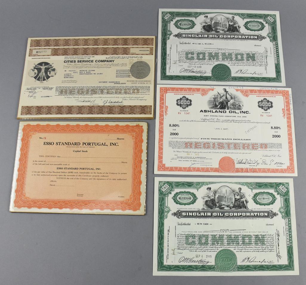 Misc Variety of Stock Certificates 1940s - 90s: These stock certificates have very pretty graphics. All are various ages from the 1940s to the 1990s