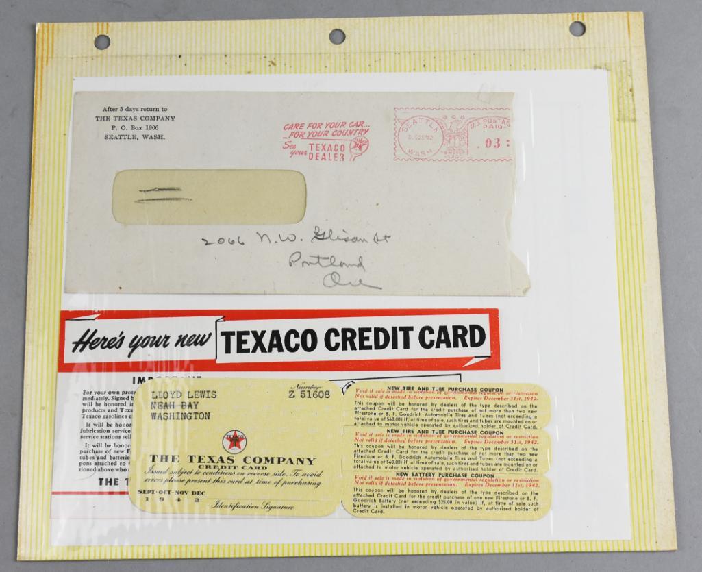 1942 Texaco Credit Card with Coupon, Mailer Obsolete: This is a 1942 Texaco credit card with attached coupons and instructions. Comes with the original windowed envelop that it was mailed in. Don't try to use it! Obsolete