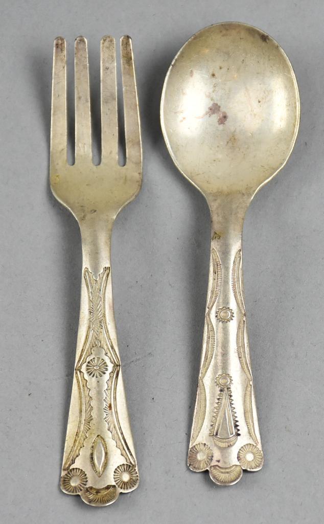 Antique Native American Sterling Child Fork & Spoon: These pretty pieces of flatware are child size. They are vintage Native American, Navajo. Each has nice stamped details on the handles with no maker marks. Each is approx 4" long