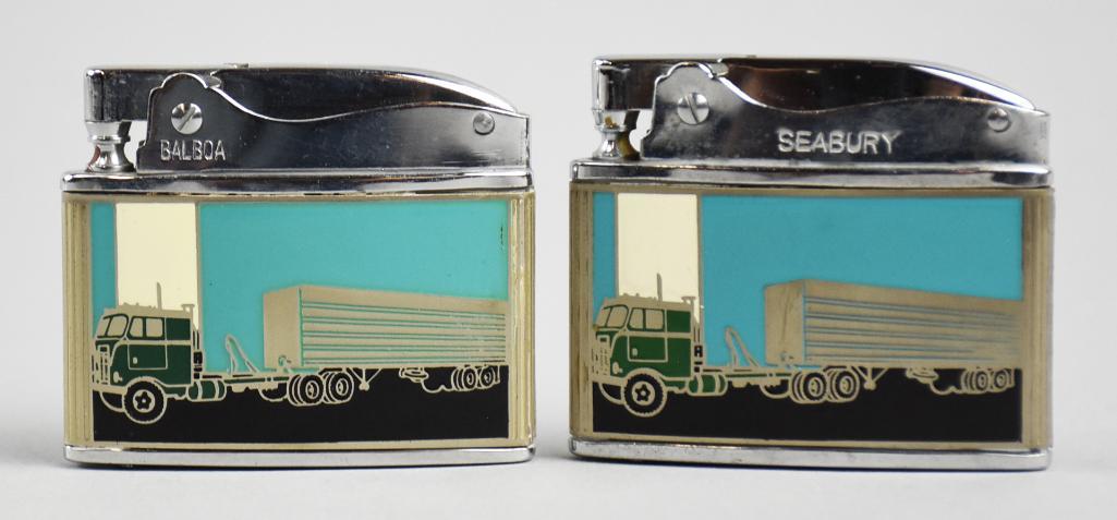 Vintage Richfield Alameda Advertising Lighters: This nice pair of advertising lighters are for Richfield Alameda in California. Operator Betty Swartz (1915-1997) is identified on back with enameled big rigs on front.