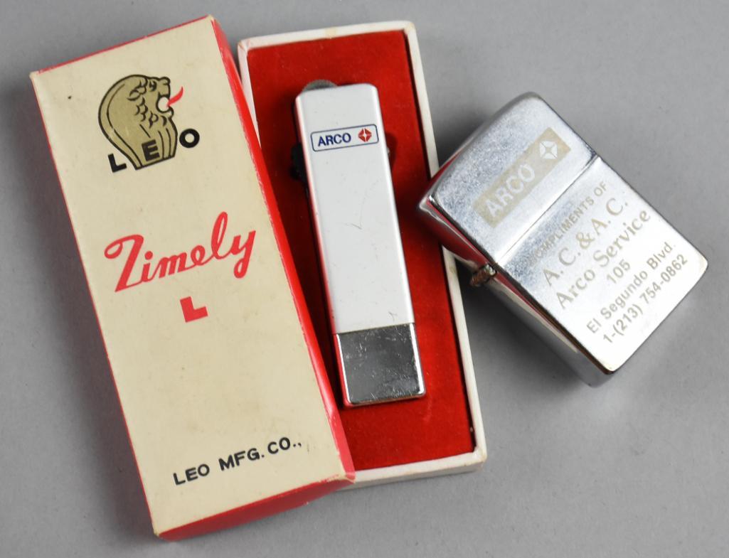 (2) Vintage ARCO Advertising Lighters: Great lighters advertising ARCO stations. The Leo Limely comes in original presentation box the other is Windguard and is etched on the back Paul Roland 12/12/78.