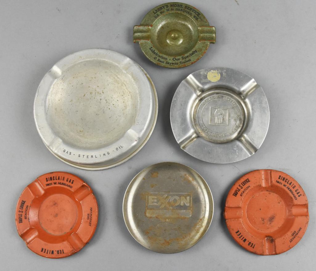 Vintage Metal Advertising Ashtrays, Sinclair, Exxon &: These nice advertising ashtrays span many years from the late 1940s to the 1980s. All are a form of metal.